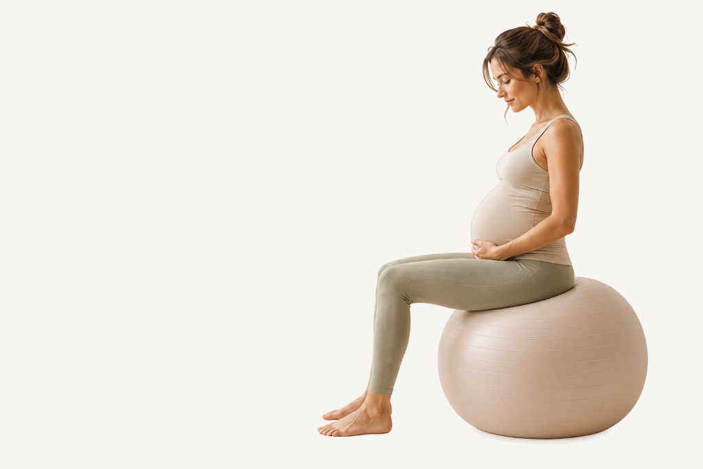 Schwangere Frau sitzt auf einem Gymnastikball